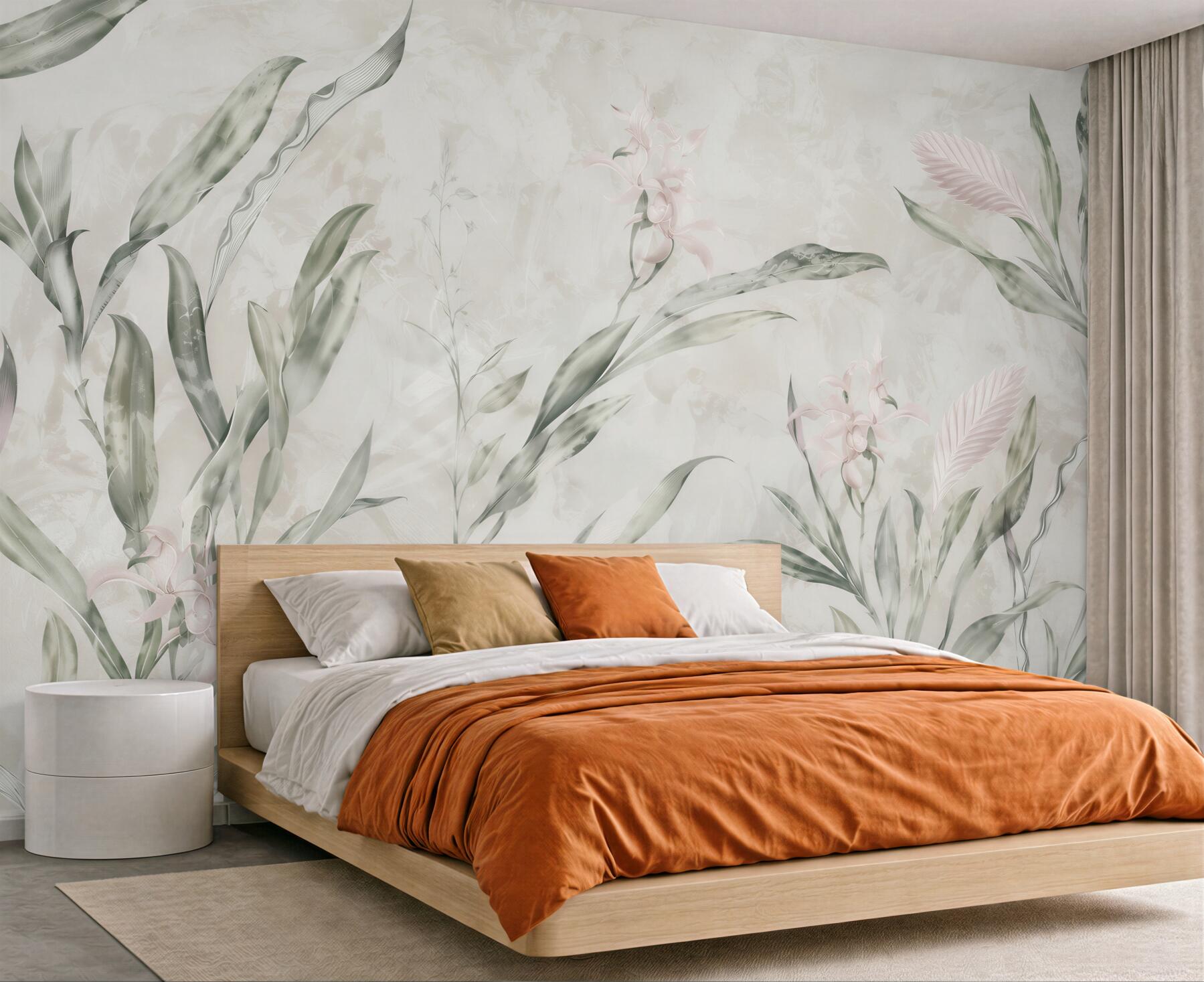 Fototapeta egzotyczne liście i delikatne kwiaty w stylu botanical