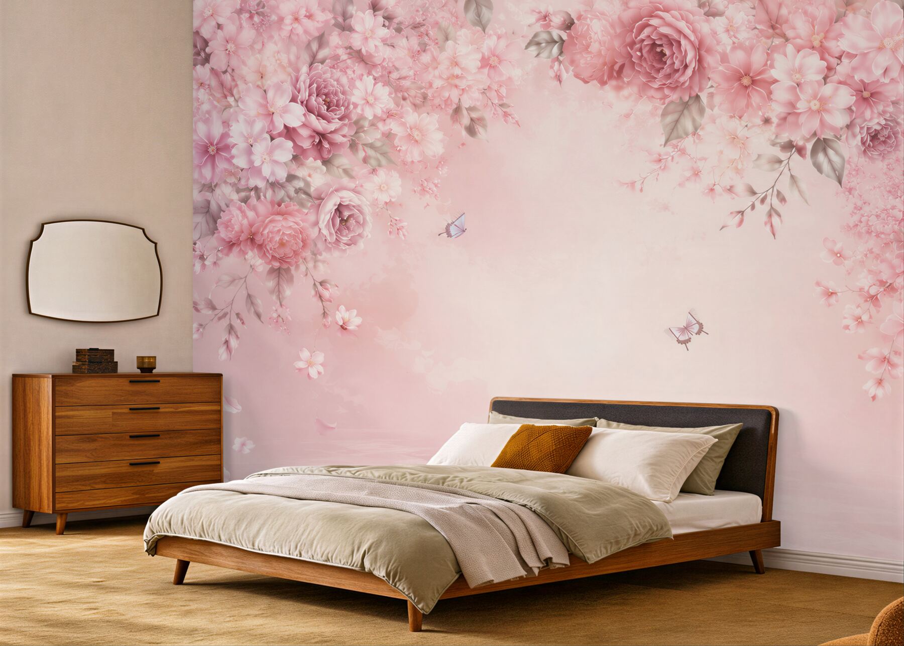 Fototapeta różowe kwiaty peonie i wiśnie z motylami romantyczna