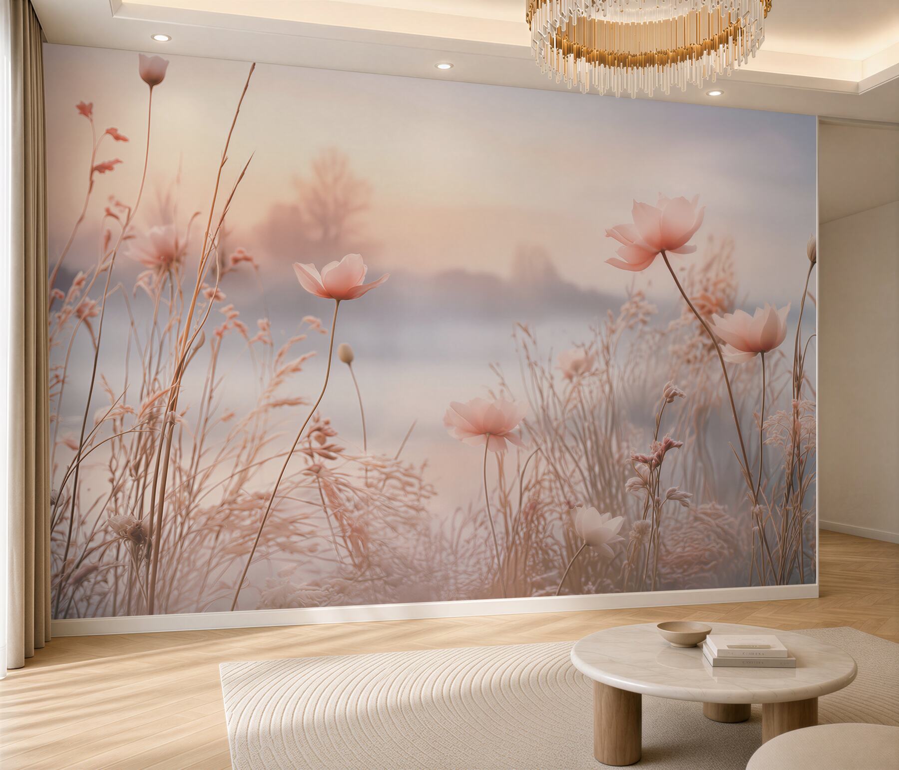 Fototapeta delikatne kwiaty łąkowe we mgle beżowe