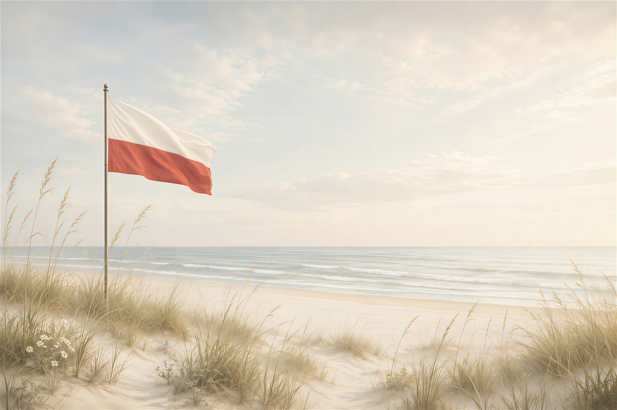 Fototapeta plaża z polską flagą