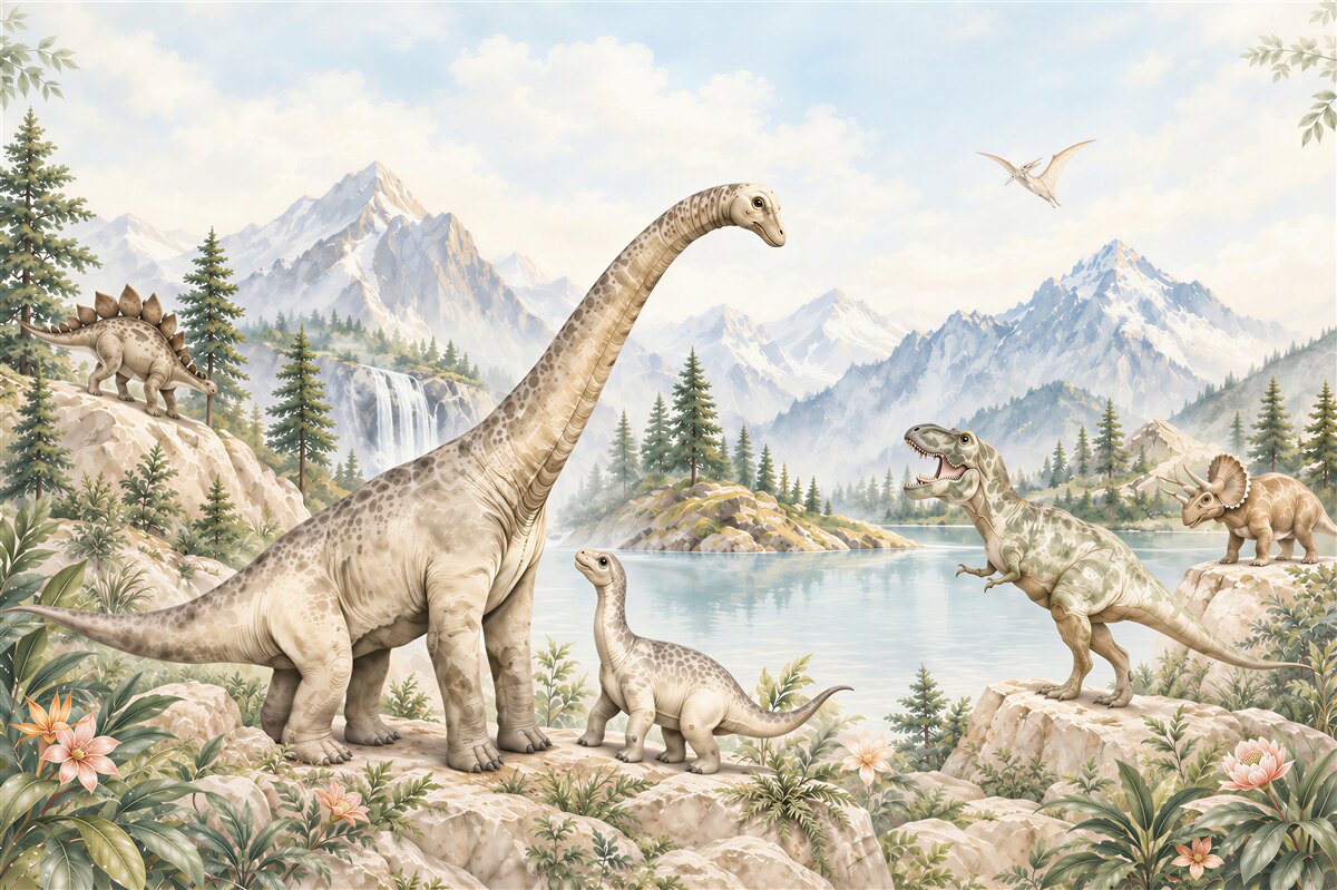 Fototapeta dinozaury w górskim krajobrazie